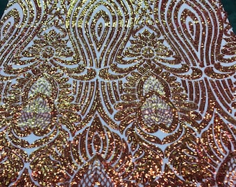 Orange Iridescent Sequin Fabric: 4-Way Stretch Damask Aria Design