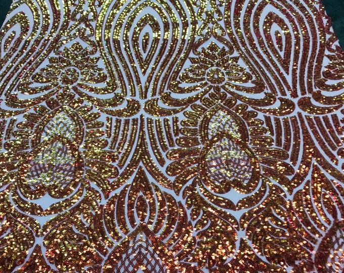 Orange Iridescent Sequin 4 Way Stretch Sequin Fabric Damask Aria Design on a Spandex Mesh Prom Gala Gown By The Yard