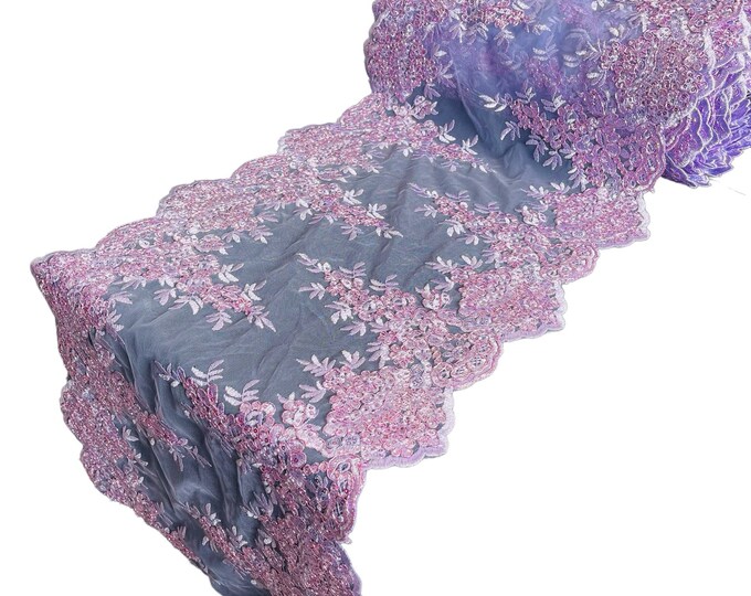 Metallic Lilac 14”Wide Floral Lace Fabric For Runner, by the yard - Embroidery With Sequins on a Mesh Lace Fabric For Applications