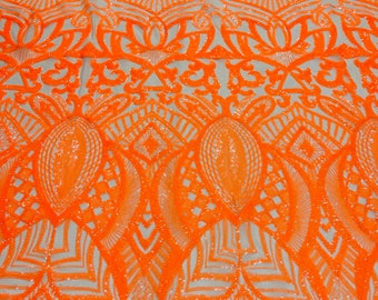 New Iridescent Orange Sequins on Nude Mesh , Royalty Design on a Mesh 4way Stretch Sequin-Prom-Gown By The Yard