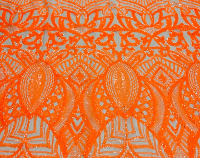 New Iridescent Orange Sequins on Nude Mesh , Royalty Design on a Mesh 4way Stretch Sequin-Prom-Gown By The Yard