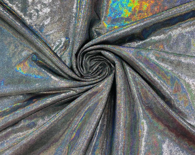 Oil Slick Silver Iridescent Foggy Foil on Black Stretch Velvet By The Yard | Velvet Fabric | Foiled Velvet 4 Way Stretch 60'' Wide, Sewing