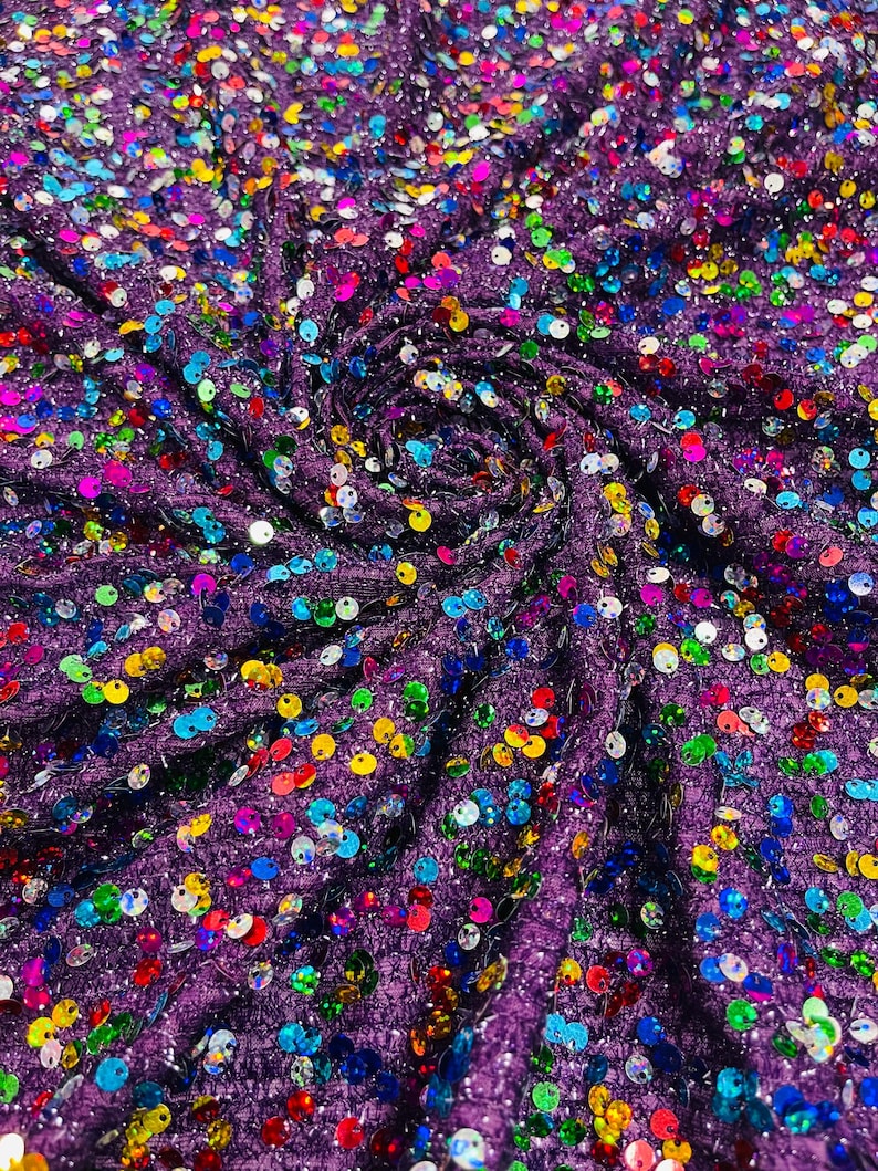 Sequins Color Multi Color Hologram Sequin Fabric on Purple Fabric: Confetti Sequins ...