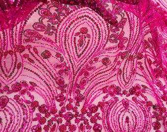 Hot Pink Fashion Design Beads and Sequins, Luxury Beaded Fabric Embroidered on a Mesh Lace,Wedding,Bridal,Dress Sold By The Yard