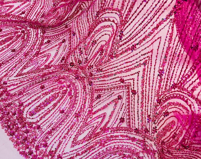 Fuchsia Beaded Fabric | Fashion Pattern With Beads and Sequin, Bridal Pearls Prom Dress