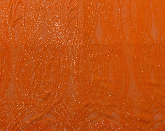 Neon Orange Sequins Fabric: 4-Way Stretch Damask Design, Prom Gown Fabric