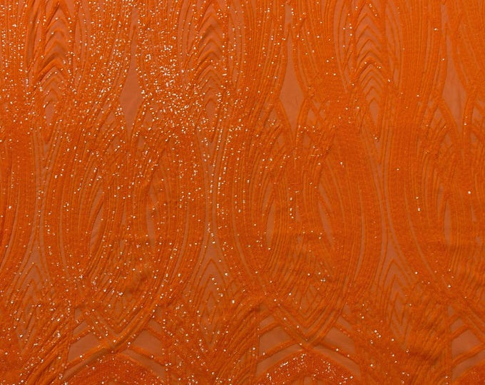 Neón Orange Sequins Fabric | 4 Way Stretch Fancy Big Damask Design Sequins on Spandex Mesh Prom Gala Gown Fabric By The Yard