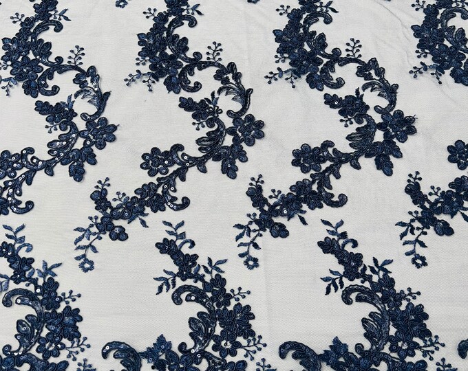Navy Blue Floral Lace Fabric, by the yard - Embroidery With Sequins on a Mesh Lace Fabric For Gown, Wedding-Bridal
