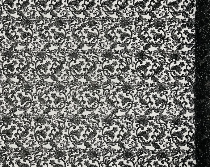 Metallic Black Floral Lace Fabric By The Yard, Embroidery With Sequins on a Mesh Lace Fabric, Corded sequins Lace