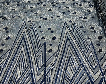 Navy Silver Geometric Sequined Fabric: 4-Way Stretch Power Mesh, By The Yard