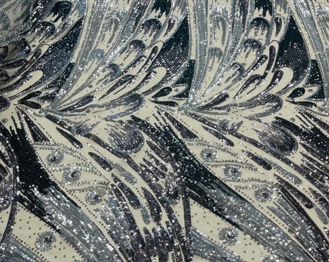 Multi Color Black Silver Iridescent Sequins - Olivia Design 4 Way Stretch Sequin Fabric on a Spandex Mesh-Prom-Gown By The Yard