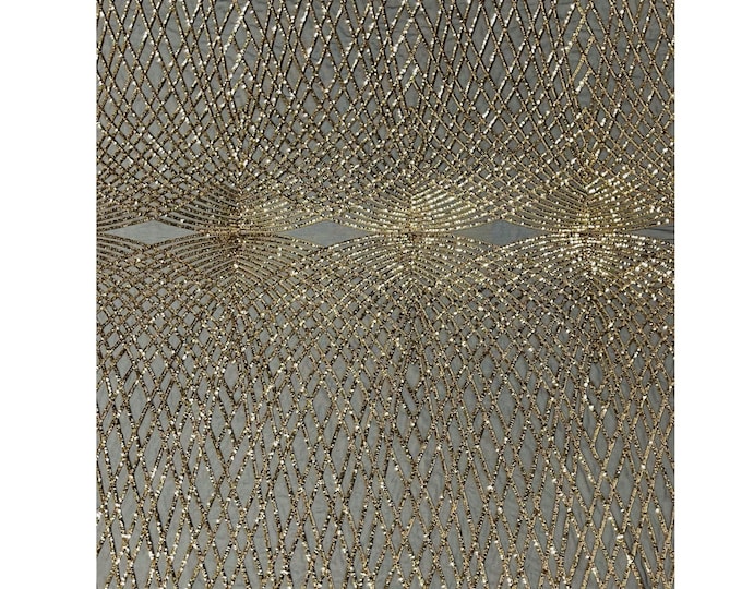 Gold Sequins Fabric  - Black Mesh 2Way Stretch Geometric Diamond Design on Mesh Fabric for Prom Gala Gown By The Yard