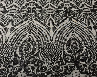Black Sequin Geometric Design, 4 Way Stretch Sequin Fabric On Spandex Mesh-Prom-Gown By The Yard