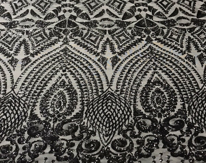Black Sequin Geometric Design, 4 Way Stretch Sequin Fabric On Spandex Mesh-Prom-Gown By The Yard