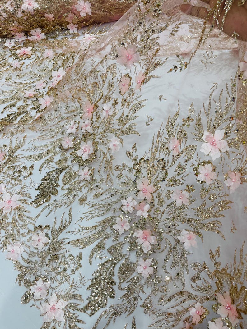 Rose Gold Glitter Floral Mesh, Glitter 3D Flower Sequin Fabric, Wedding ...