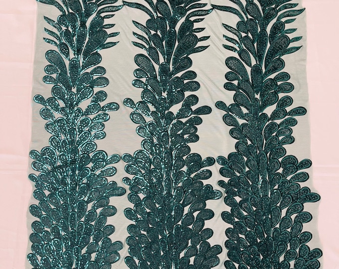 Hunter Green 4 Way Stretch Vegas Feathers Peacock Sequin Embroidery On a Mesh Lace Fabric Sequins Prom Dress Sold By 3 Panels