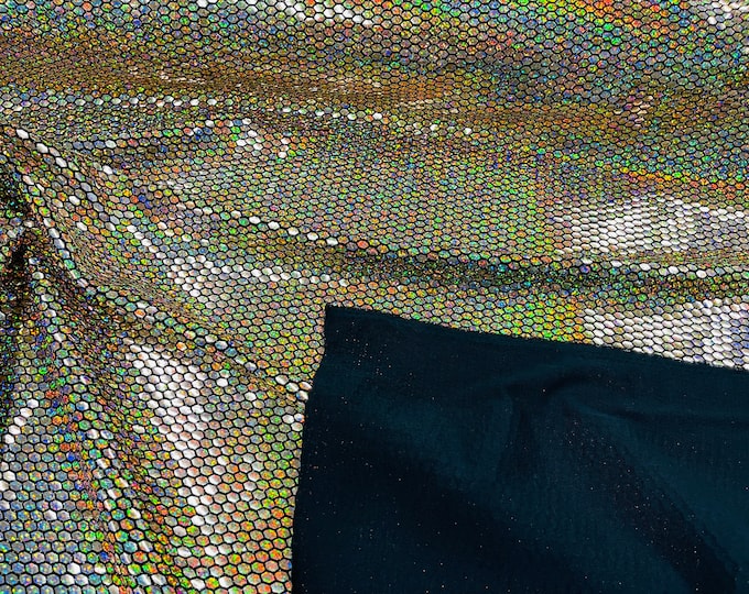 Honeycomb Foil Fabric - Iridescent Gold - Hexagon Print On Black Spandex Fabric By The yard, (Choose The Size)