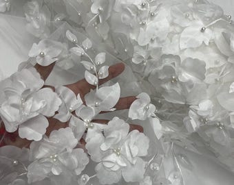 Off White 3D Floral Lace Fabric with Pearls - Prom Dress Fabric By The Yard