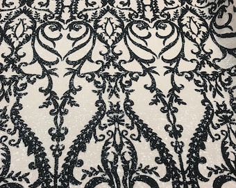 Black/Cream Sequin Lace Fabric: Damask Embroidered Mesh, 4-Way Stretch