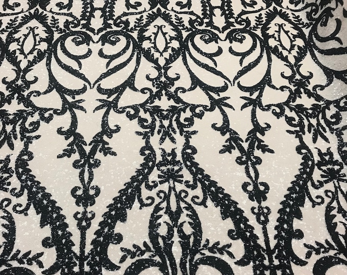 Two Tone Black/Cream Sequins Lace Fabric On Mesh Damask Design Embroidered On 4way Stretch Sequin By The Yard -Prom-Gown ( Choose The Size )