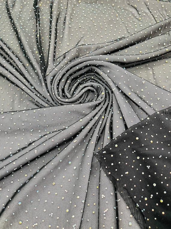 Black AB Rhinestones Fabric on Black Power Mesh Polyester Spandex Fabric  With Crystal Stones AB Rhinestones Fabric Sold by the Yard 