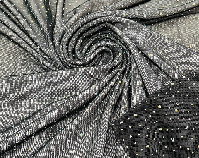 Black | AB Rhinestones Fabric On Black Power Mesh Polyester Spandex Fabric With Crystal Stones | AB Rhinestones Fabric sold by the yard