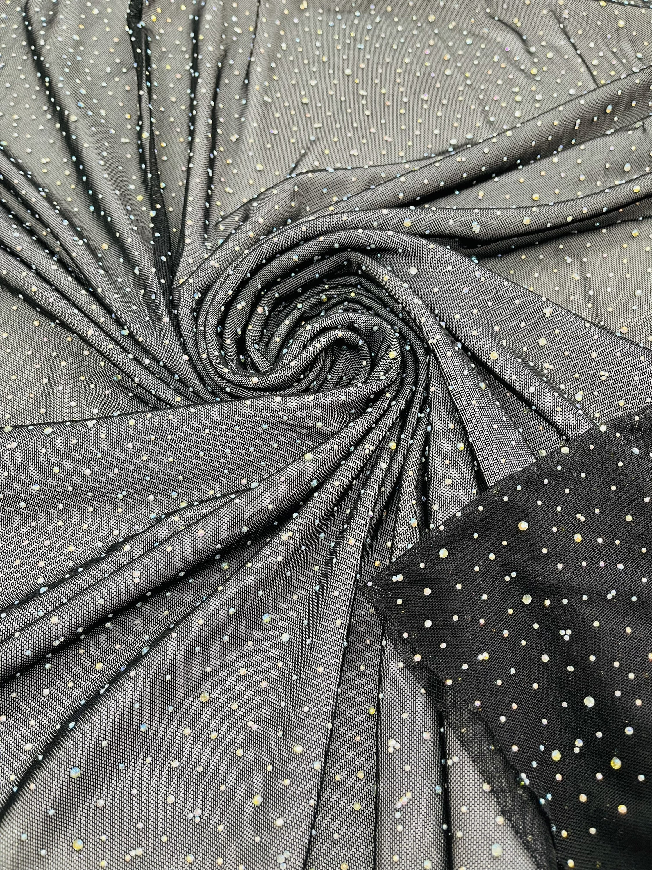 Black AB Rhinestones Fabric on Black Power Mesh Polyester Spandex Fabric  With Crystal Stones AB Rhinestones Fabric Sold by the Yard 