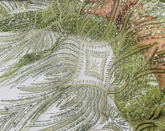 Olive Beaded Damask Fabric: Sequin Appliqué Lace by the Yard