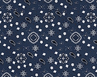 Navy Blue Bandana Print Fabric Cotton/Polyester Sold By The Yard