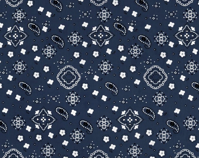 Navy Blue Bandana Print Fabric Cotton/Polyester Sold By The Yard