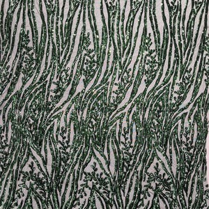 Hunter Green Sequin Fabric 4 Way Stretch Damask Design Sequins on Spandex Mesh Prom Gala Gown Fabric By The Yard