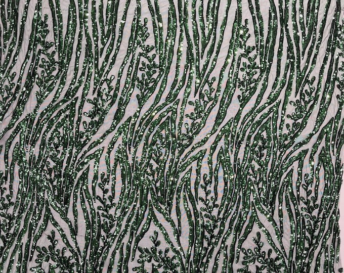 Hunter Green Sequin Fabric 4 Way Stretch Damask Design Sequins on Spandex Mesh Prom Gala Gown Fabric By The Yard
