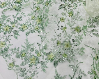 Sage 3D Flower Sequin Fabric, Glitter Floral Tulle Lace, Wedding Dress, Quinceañera