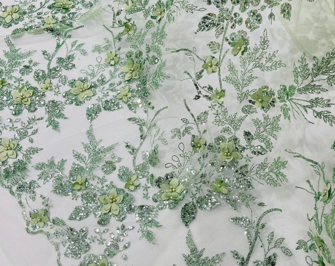 Sage 3D Flower Sequin Fabric, Glitter Floral Tulle Lace, Wedding Dress, Quinceañera