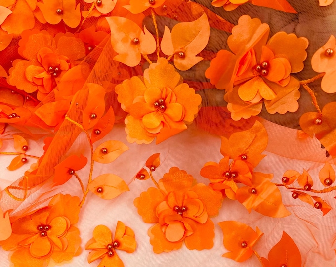 Orange Orquidia 3D Floral Design Embroider With Pearls On a Mesh Lace Fabric, Orquidia Big 3D Flower Lace Fabric Prom-Dress By The Yard