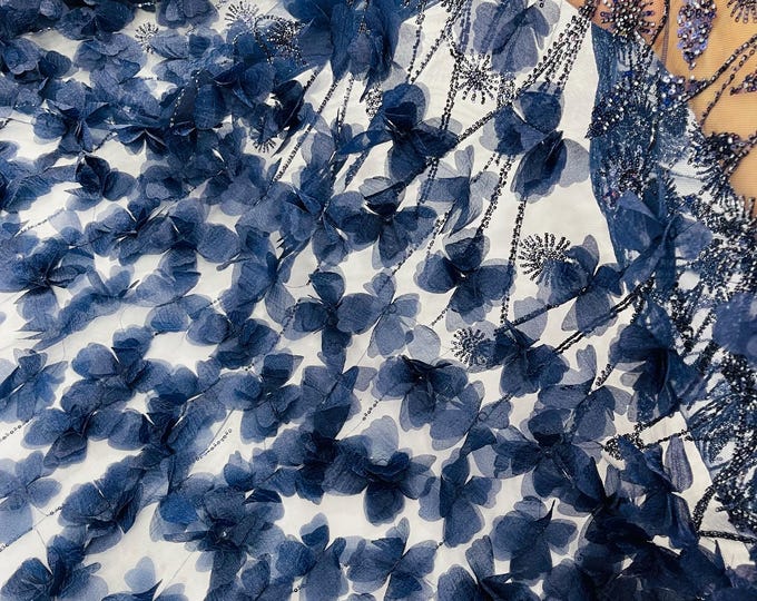Navy Beaded Fabric 3D Floral Butterfly Fabric By The Yard, Luxury 3D Butterfly Design Beads and Sequins Embroidered on a Mesh Lace Wedding