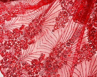 Red Beaded Fabric By The Yard, Luxury Geometric Design Beads and Sequins, Beaded Fabric Embroidered on a Mesh Lace,Wedding,Bridal,Dress