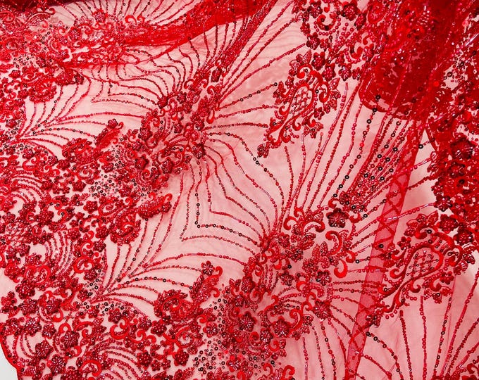 Red Beaded Fabric By The Yard, Luxury Geometric Design Beads and Sequins, Beaded Fabric Embroidered on a Mesh Lace,Wedding,Bridal,Dress