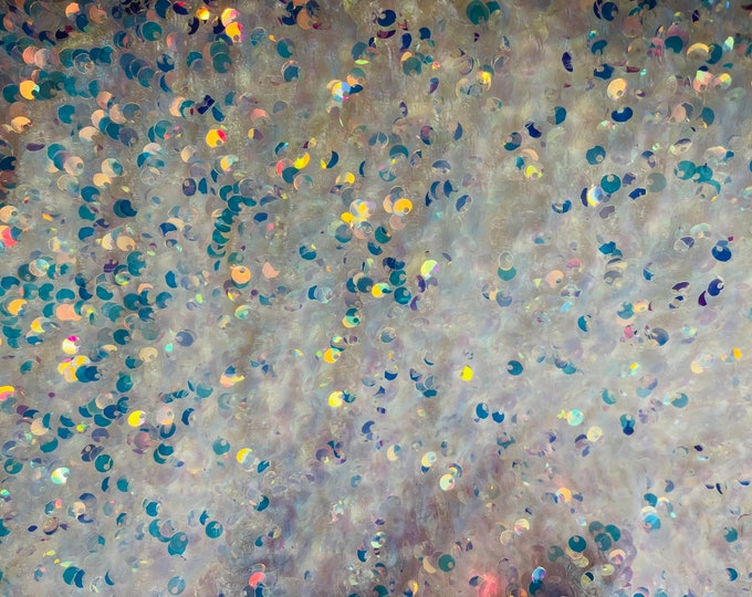 Iridescent Aqua/White Stretch Velvet With Luxury Sequins all Over 5mm Shining Sequins 2-way Stretch 58/60” (Choose The Quantity)