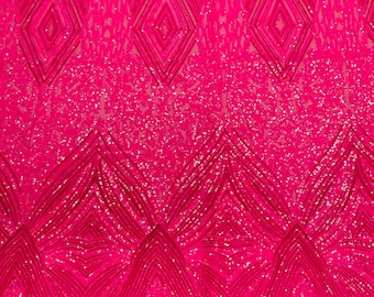 Iridescent Hot Pink 4 Way Stretch Geometric Sequins - Nova Design Triangular Fabric for Prom Gala Gown Sold By The Yard