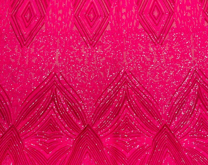 Iridescent Hot Pink 4 Way Stretch Geometric Sequins - Nova Design Triangular Fabric for Prom Gala Gown Sold By The Yard