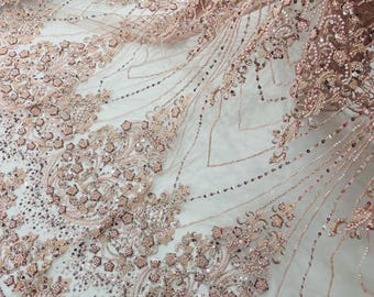 Blush Beaded Fabric By The Yard, Luxury Geometric Design Beads and Sequins, Beaded Fabric Embroidered on a Mesh Lace,Wedding,Bridal,Dress