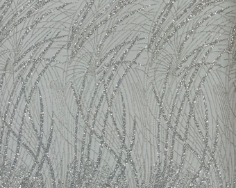 Silver Beaded Fabric, FASHION Embroidered Mesh Lace, Bridal Wedding Dress Fabric