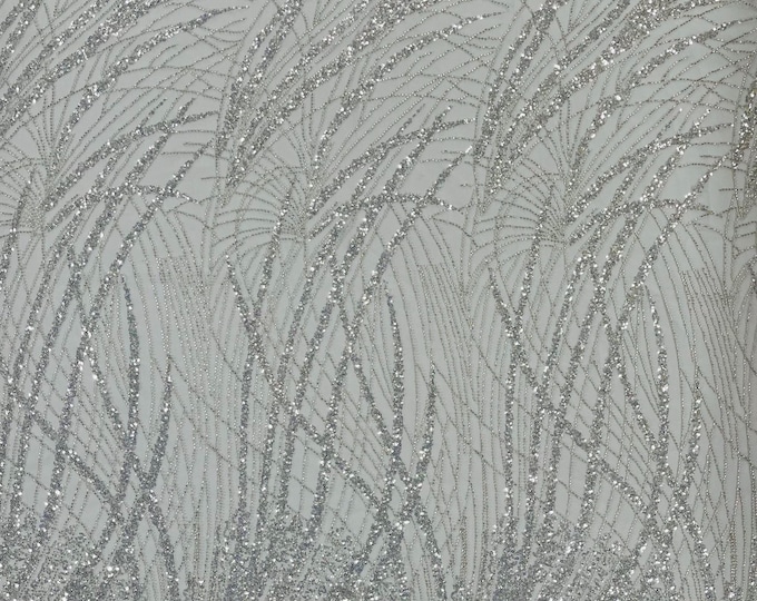 Silver Beaded Fabric Sold By The Yard, Fashion Design Beads and Sequins, Beaded Fabric Embroidered on a Mesh Lace,Wedding,Bridal,Dress