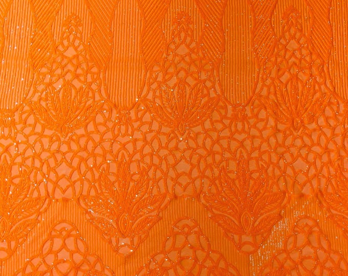 Neón Orange Sequin Fabric | Floral Damask Design on a 4 Way Stretch | Sequins Lace | Spandex Fabric For Prom-Gown By The Yard