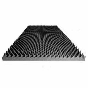 May include: Black acoustic foam panel with a pyramid design. The foam is designed to absorb sound and reduce echoes.
