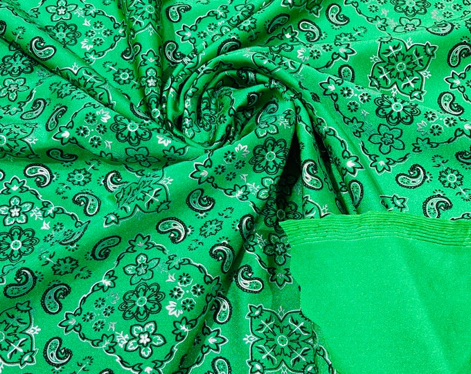 Kelly Green Bandana Print Fabrics - Nylon Spandex Fabric 4 Way Stretch Sold By The Yard (Pick a Size)