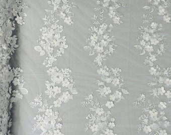 White 3D Floral Lace Fabric: Pearl Flower Wedding Bridal Lace