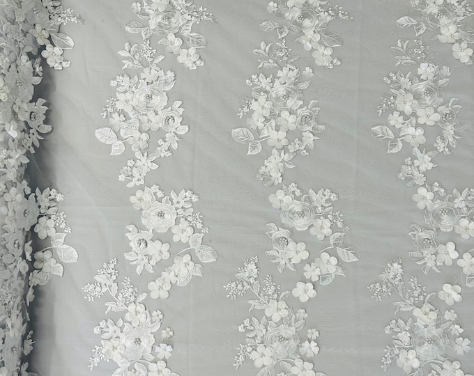 Mia Fabrics Inc, White 3D Floral-Flower With Pearl, Bridal Lace 3D Flower Wedding Lace by the Yard (Pick a Size)