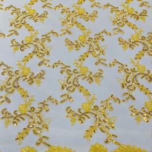 Yellow Floral Sequin Lace Fabric, Embroidery With Sequins on a Mesh Lace Fabric Corded Fabric By The Yard For Gown, Wedding-Bridal